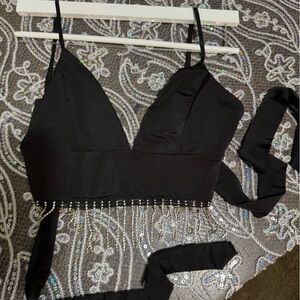 Black Strappy Crop Top with Rhinestone Detail